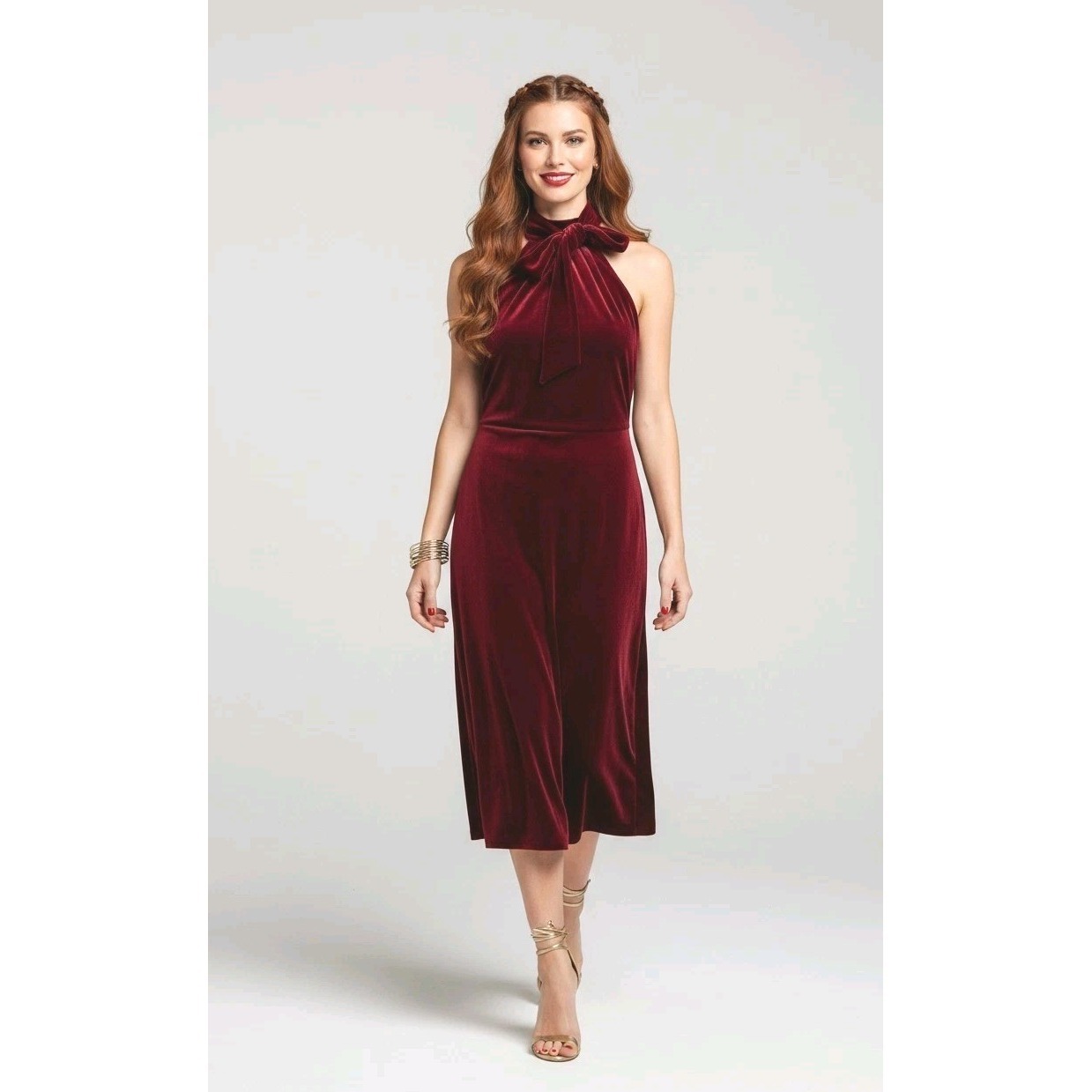 Maggy London Emelia Red Velvet Cocktail Midi Dress 2 Halter Neck Romantic Glamor